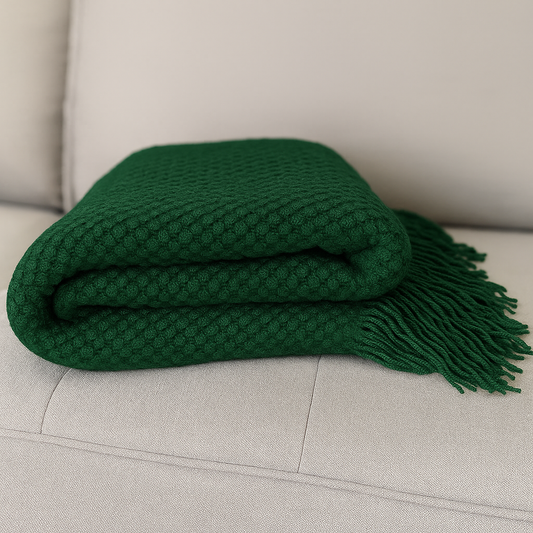 Olive Textured Knit Throw Blanket with Fringe – 50"x60"